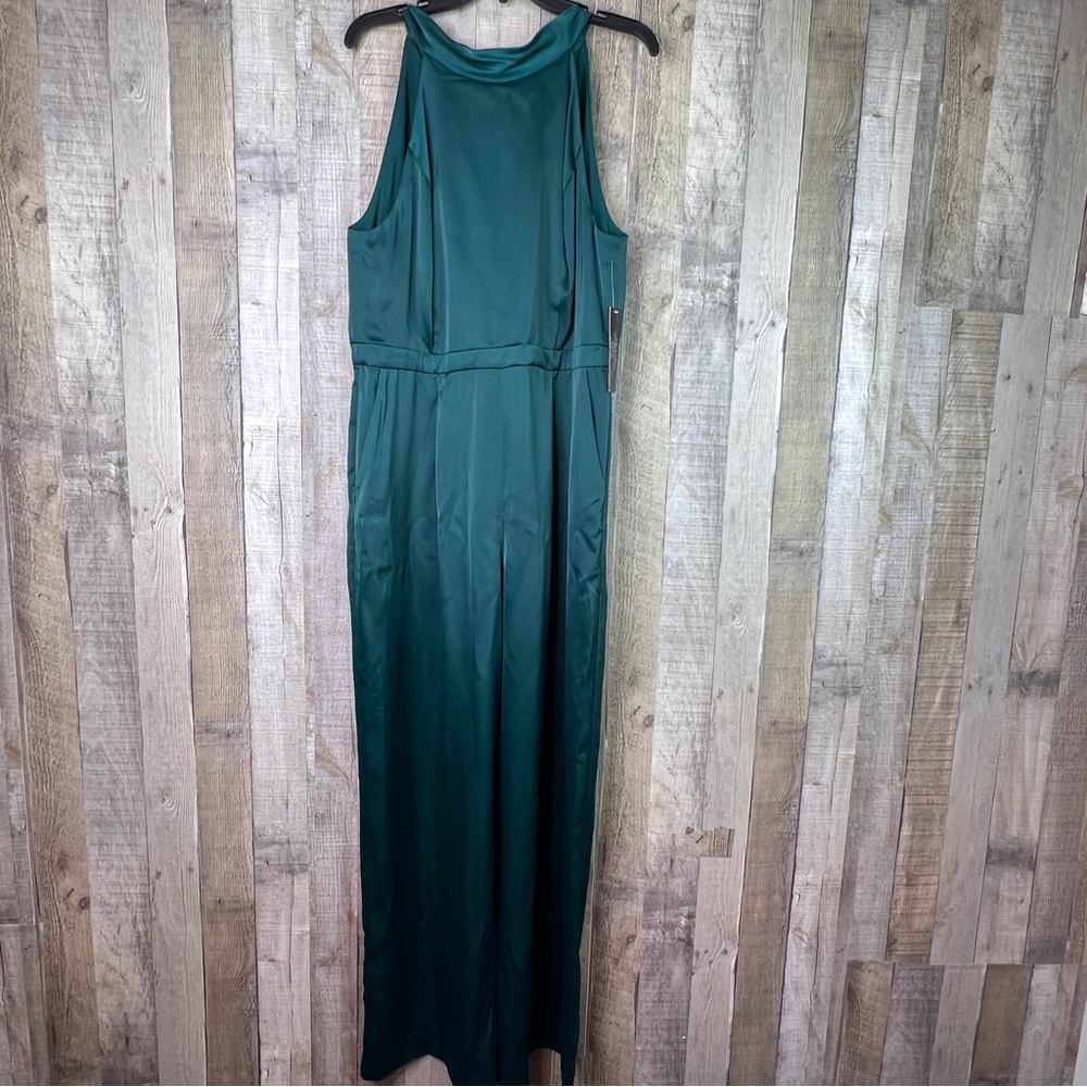 Tahari ASL Size 16 Hunter Green Tie Neck V-Back Side Pocket Jumpsuit Wide Legs